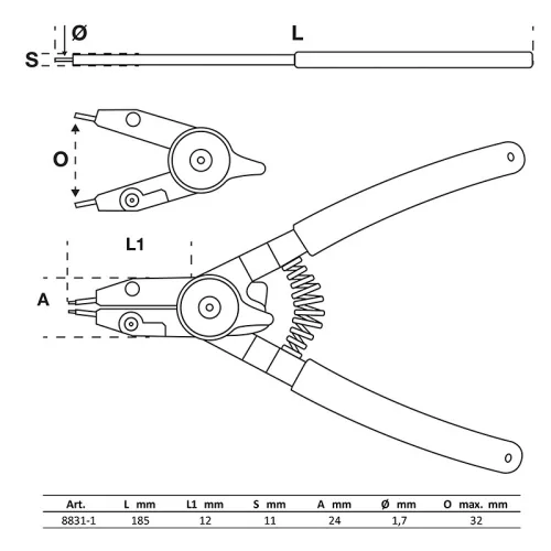 Zégerfogó, külső - belső, cserélhető hegyek, 180 mm