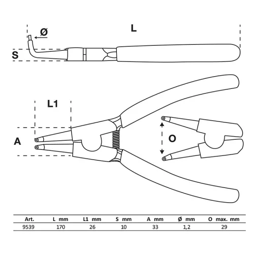 Zégerfogó, 90°, külső, 165 mm