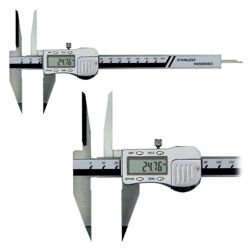 Digitális tolómérő hegyes mérőpofával és extra hosszú mérőcsőrrel, fémházas, 150 mm, 3V