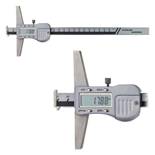 Digitális mélységmérő tolómérő dupla horgas véggel, adatkimenettel, fémházas, inox, 3V, DIN862