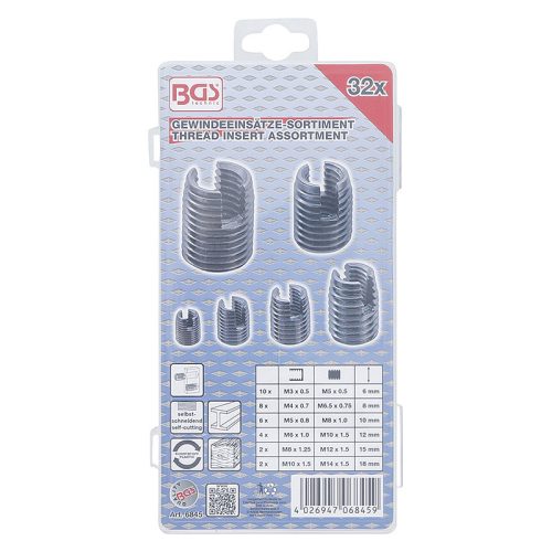 Menetes betét készlet, önmetsző, oldalsó horonnyal, M3-M10, 32 darabos