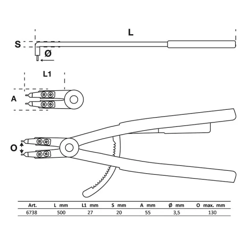 Zégerfogó, derékszögű, belső zégergyűrűk, 500 mm