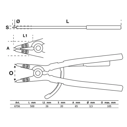 Zégerfogó, egyenes, külső zégergyűrűk, 500 mm