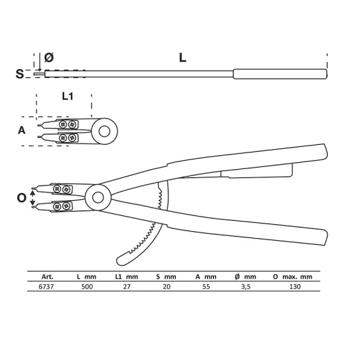Zégerfogó, egyenes, belső zégergyűrűk, 500 mm