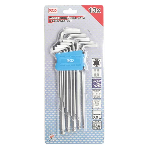 Hatszögkulcs készlet, extra hosszú, belső hatszögletű/Belső hatszögletű gömbfejes 1,5 - 10 mm, 13 darabos