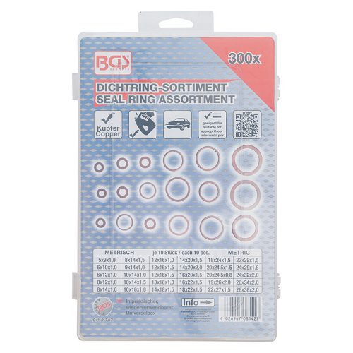 Tömítőgyűrű-készlet, Vörösréz, 300 darabos