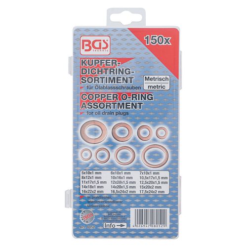 Tömítőgyűrű-készlet, Vörösréz, 150 darabos