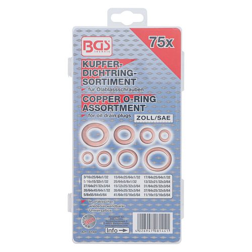 Tömítőgyűrű-készlet, Vörösréz, coll méretek, Olajleeresztő csavarok, 75 darabos