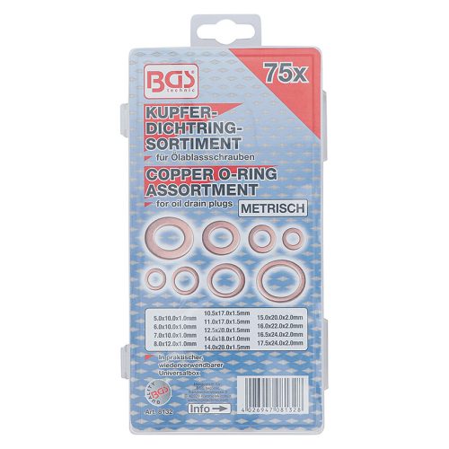 Tömítőgyűrű-készlet, Vörösréz, metrikus, Olajleeresztő csavarok, 75 darabos