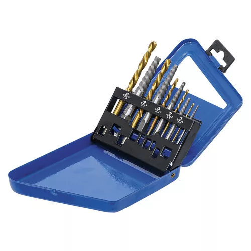 Törtcsavar kiszedő balos fúrókészlettel, HSS, TIN, 2 - 7,5 mm, 10 darabos