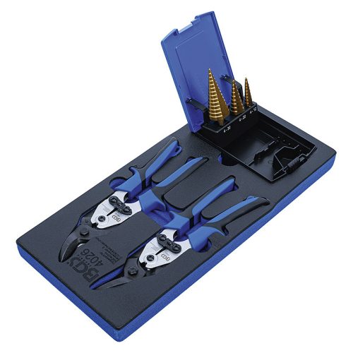 Lemezvágó ollók, lépcsős fúró, 5 darabos, tálcán