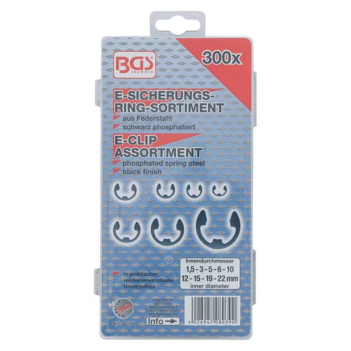 E-biztosítógyűrű készlet, E-klip, 1,5 - 22 mm, 300 darabos