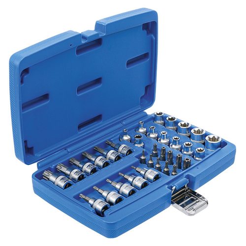 Behajtófej- és dugókulcsbetét-készlet, 3/8", T-profil (Torx), 34 darabos