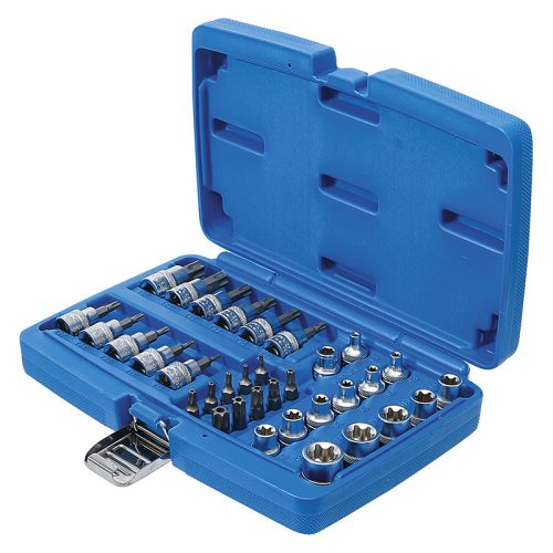 Behajtófej- és dugókulcsbetét-készlet, 3/8", T-profil (Torx), 34 darabos
