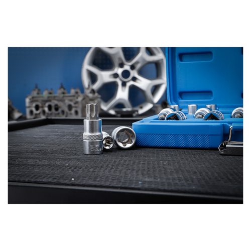Behajtófej/dugókulcskészlet, 1/2", E-profil/T-profil (Torx), 19 darabos