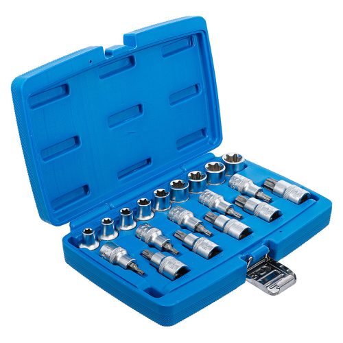 Behajtófej/dugókulcskészlet, 1/2", E-profil/T-profil (Torx), 19 darabos