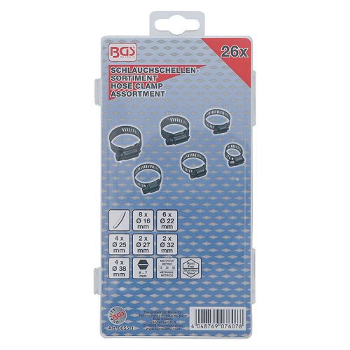 Tömlőbilincs-készlet, inox, Ø 16 - 38 mm, 26 darabos