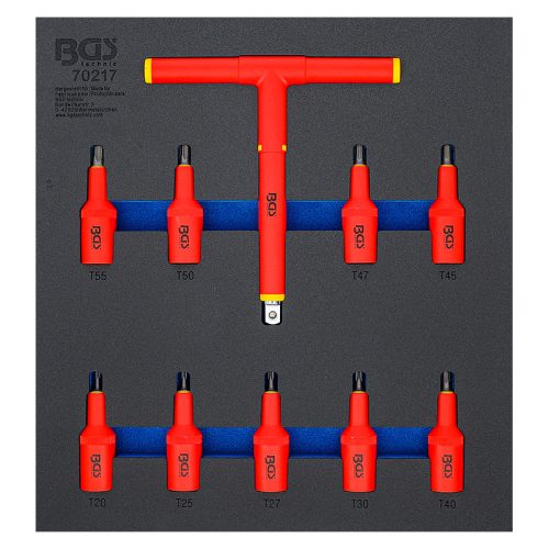 VDE behajtófej készlet, 1/2", T-profil (Torx) T20 - T55, 10 darabos, tálcán (BGS-70217)