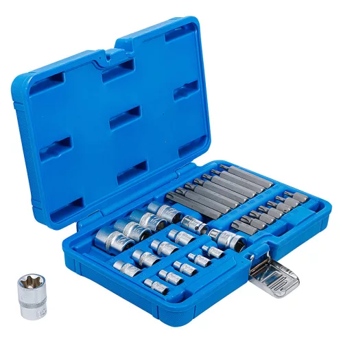 Bit és dugókulcs készlet, E-profil / T-profil (Torx), 30 darabos