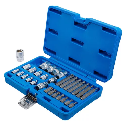 Bit és dugókulcs készlet, E-profil / T-profil (Torx), 30 darabos