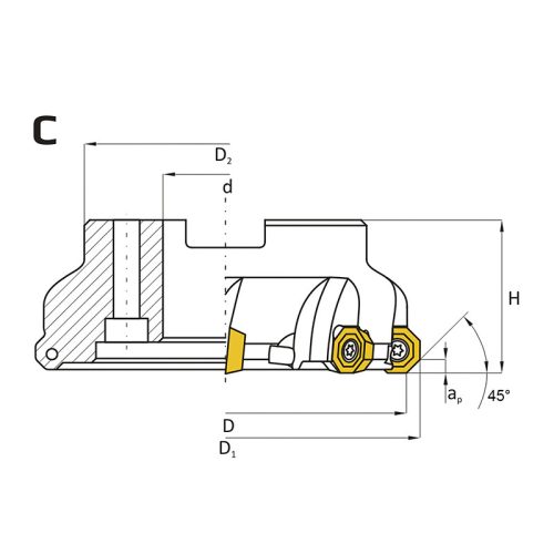 Feltűzhető síkmaró, 45°, Ø 50 mm, ODMT 0605 lapkás