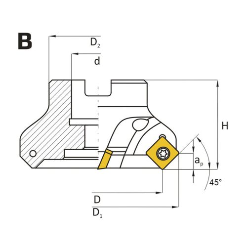 Feltűzhető síkmaró, 45°, Ø 160 mm, SEKT 12T3 lapkás, T1