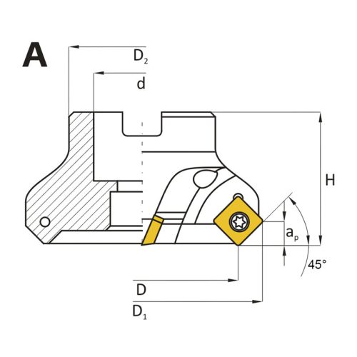 Feltűzhető síkmaró, 45°, Ø 50 mm, SEKT 12T3 lapkás, T2