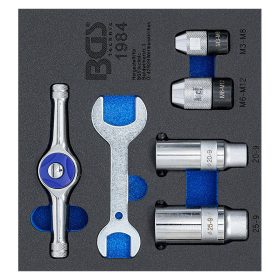   Menetmetsző és menetfúró hajtóvas készlet, racsnis, 6 darabos, tálcán