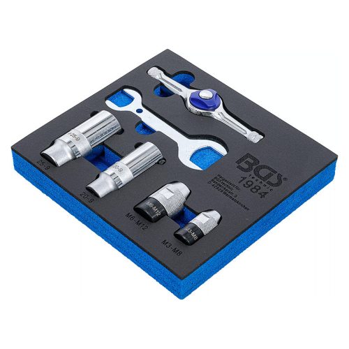 Menetmetsző és menetfúró hajtóvas készlet, racsnis, 6 darabos, tálcán