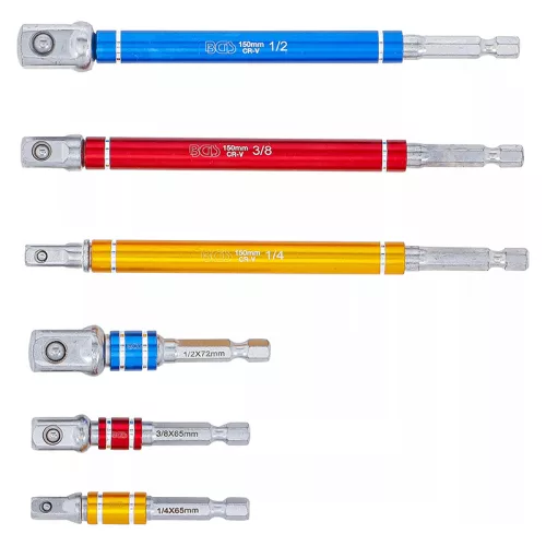 Adapterkészlet fúrógépekhez, 1/4" - 3/8" - 1/2", 75 - 150 mm, 6 darabos