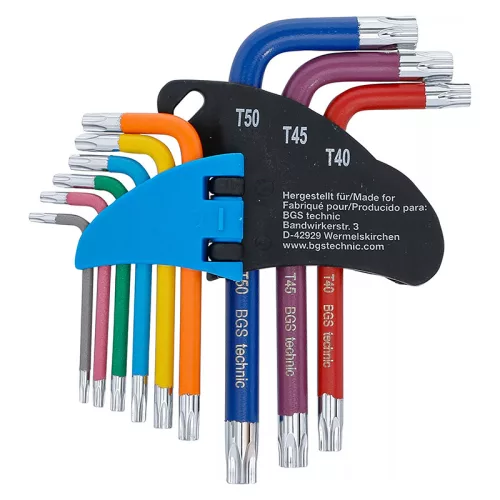 Torxkulcs készlet, színkódolt, S2 acél, rövid, T10 - T50, 9 darabos