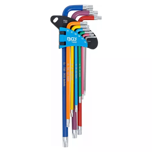 Torxkulcs készlet, színkódolt, S2 acél, extra hosszú, T10 - T50, 9 darabos