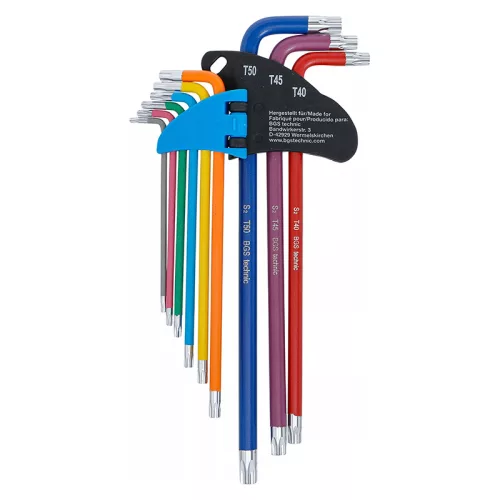 Torxkulcs készlet, színkódolt, S2 acél, extra hosszú, T10 - T50, 9 darabos