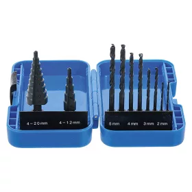   Lépcsős lemezfúró és csigafúró készlet, HSS, 4 - 12 / 4 - 20 mm, 2 - 5 mm, 10 darabos