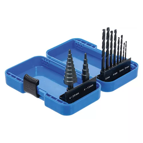 Lépcsős lemezfúró és csigafúró készlet, HSS, 4 - 12 / 4 - 20 mm, 2 - 5 mm, 10 darabos