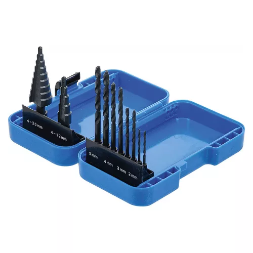 Lépcsős lemezfúró és csigafúró készlet, HSS, 4 - 12 / 4 - 20 mm, 2 - 5 mm, 10 darabos