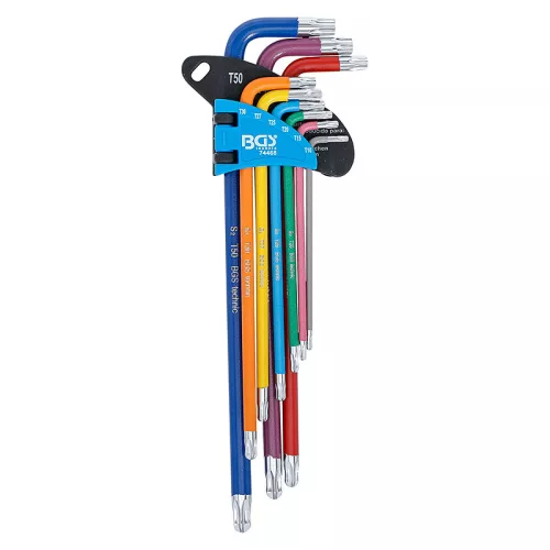 Torxkulcs készlet, színkódolt, S2 acél, extra hosszú, gömbvégű, T10 - T50, 9 darabos